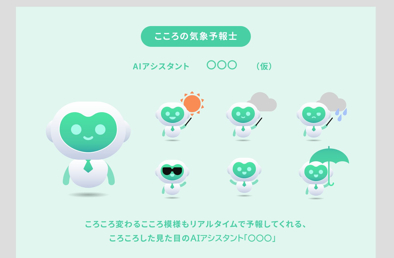 淡い緑の背景に、緑の顔の丸いロボット型キャラクターの大きな正面図と、晴れ・くもり・雨・傘などの小さなバリエーションが並ぶ