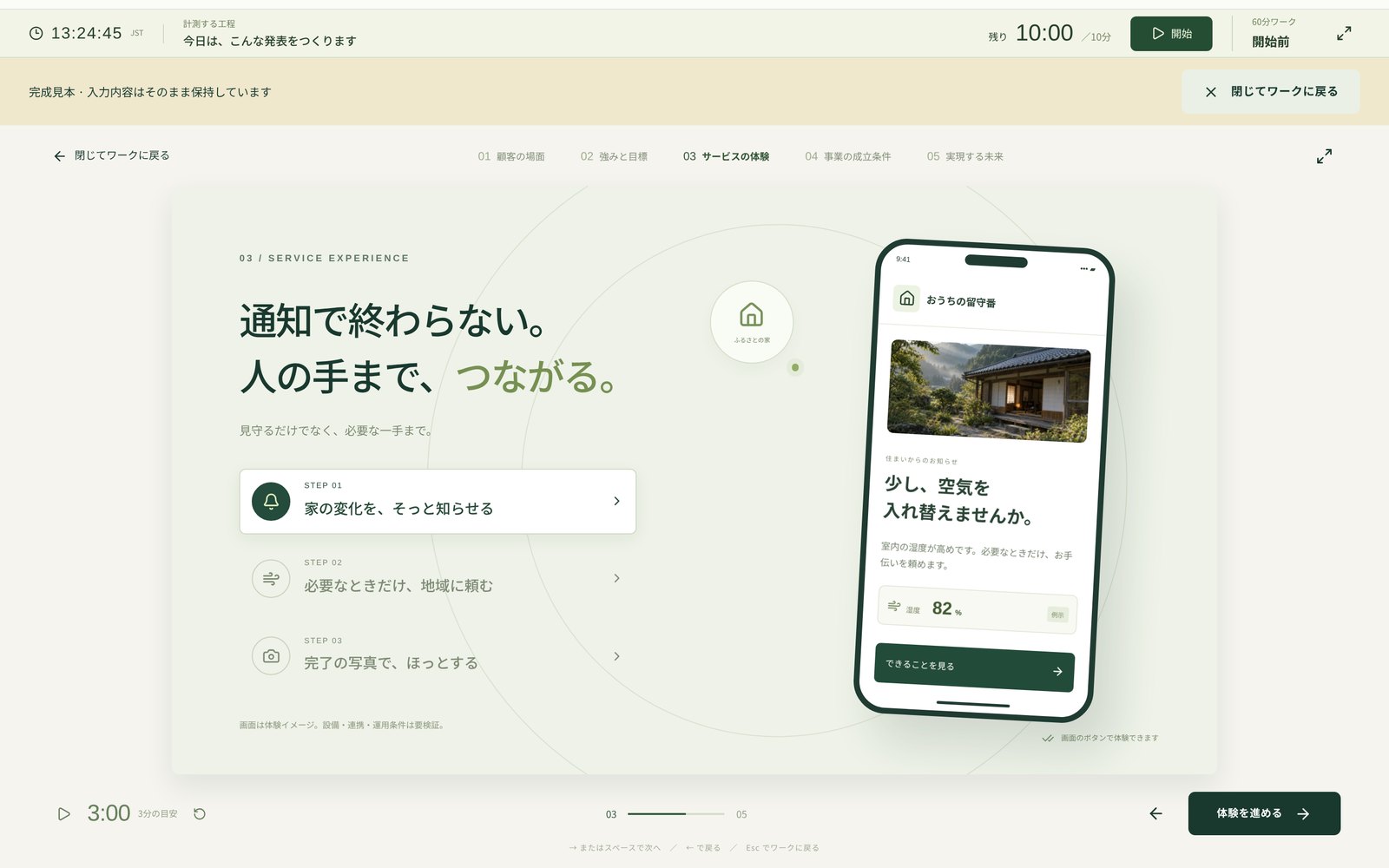左に「通知で終わらない。人の手まで、つながる。」と3つのステップ、右に家の写真と湿度82%の通知を表示したスマホのモック